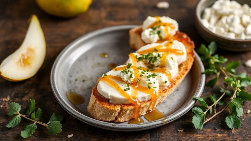 Asian pear Gorgonzola crostini with honey drizzle on a plated appetizer