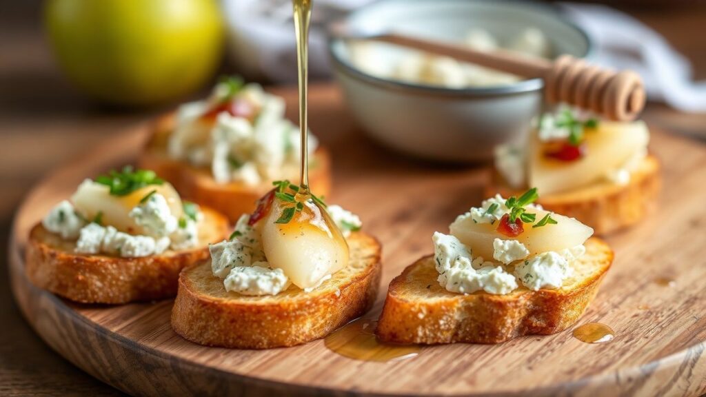 Crostini topped with Asian pear slices and crumbled Gorgonzola ready for honey drizzle