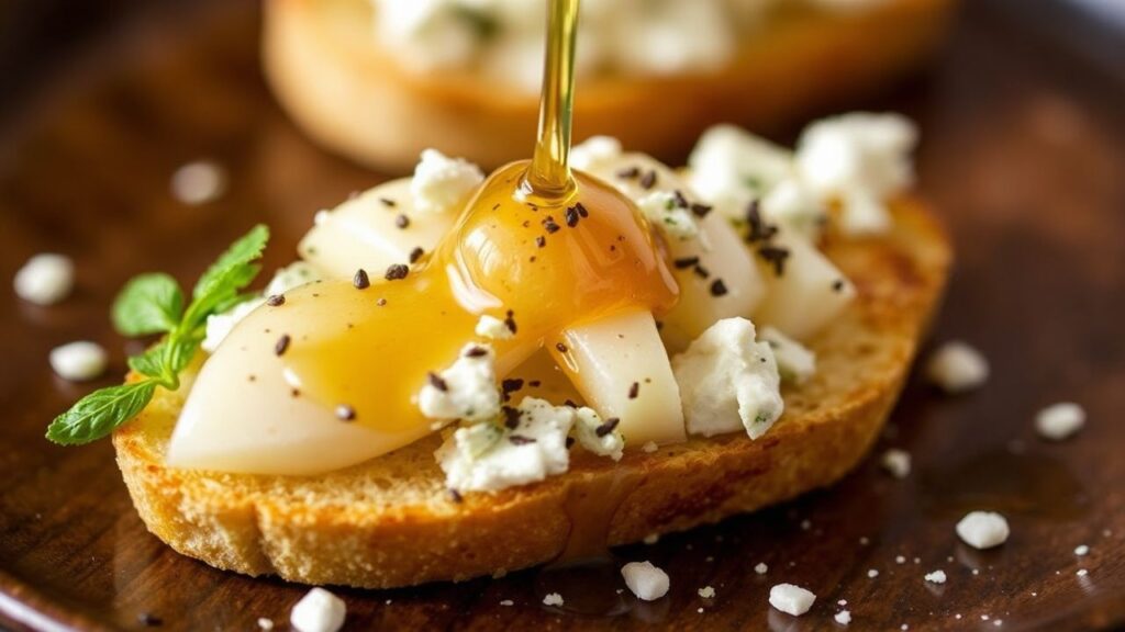 Finished Asian pear Gorgonzola crostini with honey drizzle garnished with thyme