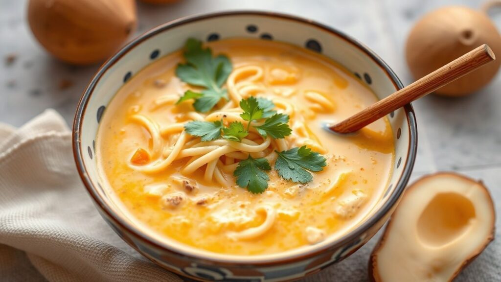 حساء نودلز كاري جوز الهند الكريمي الدافئ بلون ذهبي مع خضار وأعشاب طازجة، يدفئك