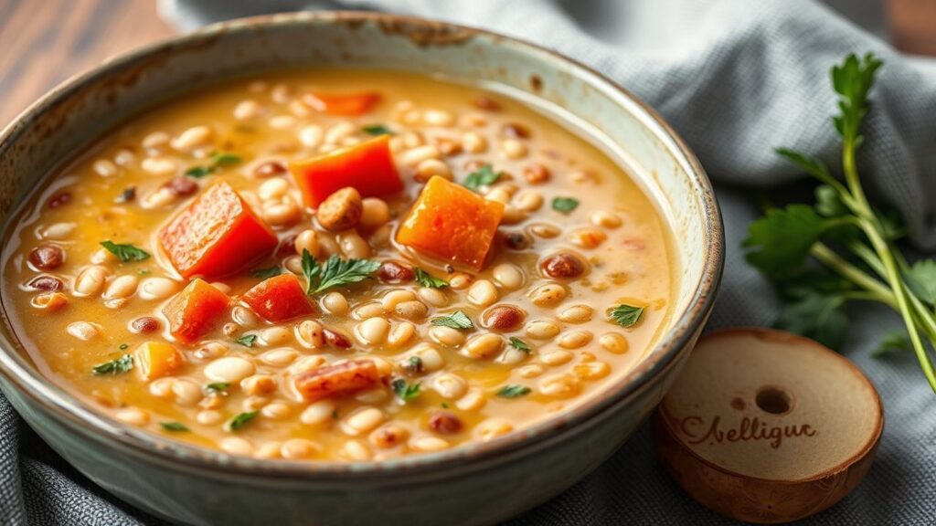 وعاء شوربة الشعير والخضار الشهية، غذاء مريح وعلاجي، وصفة غنية بالحب والحنان والشفاء.