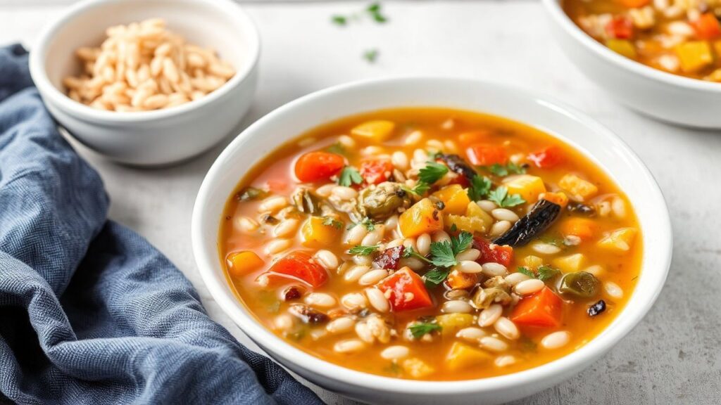 وعاء شوربة شعير وخضار شهي، دافئة ومغذية ولذيذة خلال برد الموسم—Wholesome Hearty Vegetable Barley Soup