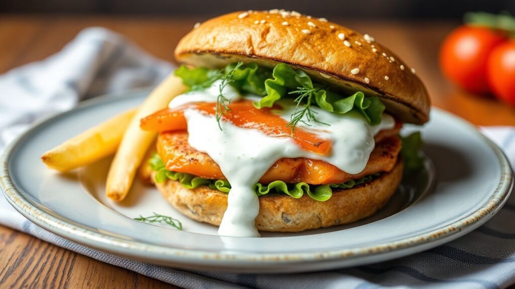 برغر سلمون مقرمش مع صوص زبادي بالملحّ الديل المنعش، تجربة شهية لا تُقاوم، wholesome و مُثيرة.