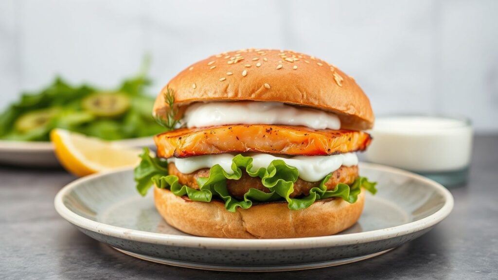 برگر سلمون مقرمش مع صوص زبادي بالزبدة والشبت منعش، لذة لا تُقاوم.