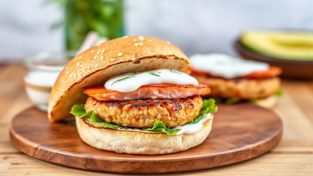 برگر سلمون مقرمش مع صوص زبادي بالزبدة والشبت منعش، لذة لا تُقاوم.