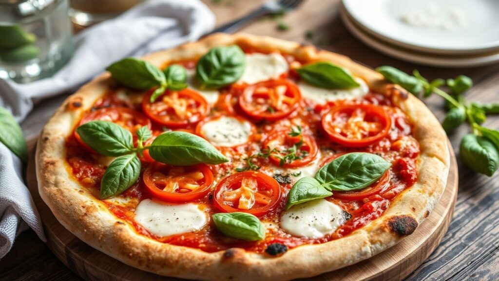 Margherita pizza with mozzarella, San Marzano tomato sauce, and fresh basil
