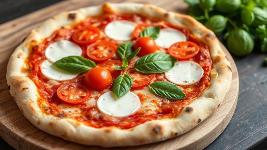 Margherita pizza on a table with basil and olive oil