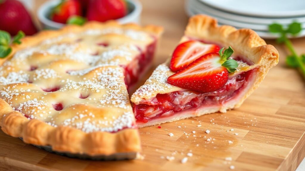 فطيرة فراولة وراوند ذهبية بقشرة متقنة وحشوة غالبة فقاعية، ونكهة لا تُقاوم