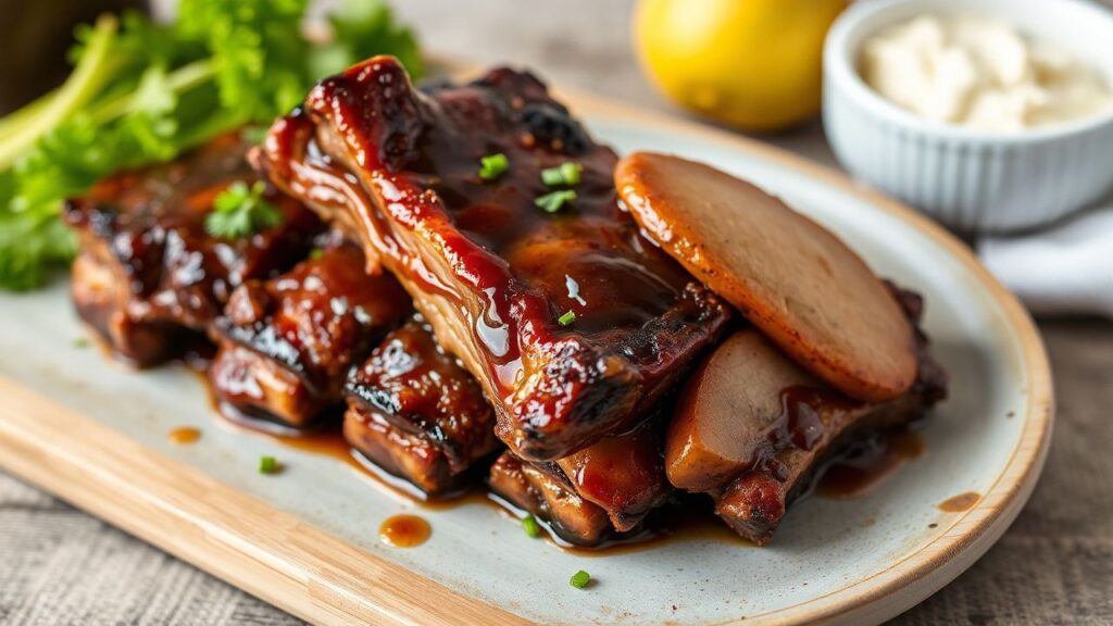 Tender braised beef ribs in sweet pear & soy marinade with a glossy savory-sweet glaze