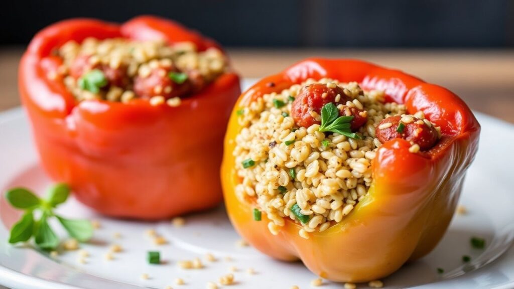 طبق فلفل حلو محشي بالكينوا الإيطالية بألوان زاهية ونكهات، كغذاء صحي وشهي