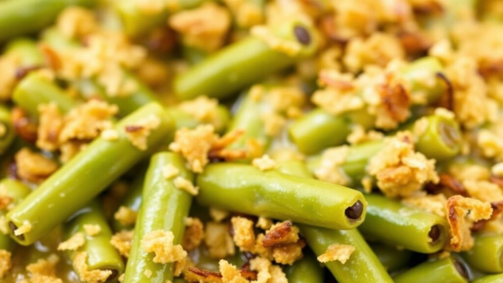 Crispy topping on creamy green bean casserole
