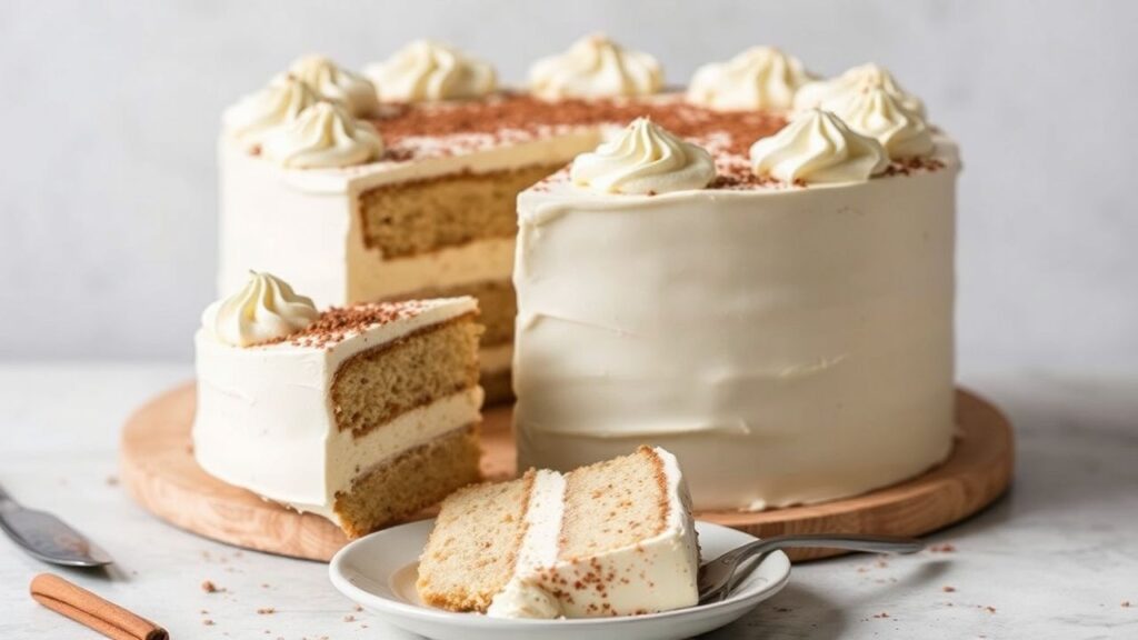 Creamy horchata cake slice concept with cinnamon and creamy frosting