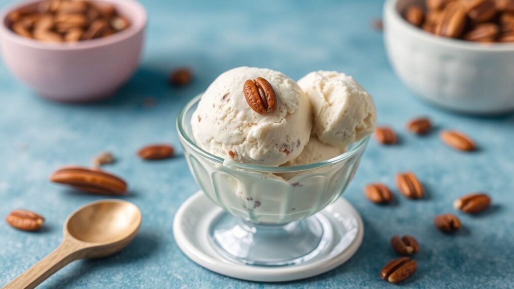 Vegan butter pecan ice cream with caramelized pecan crunch served in a bowl