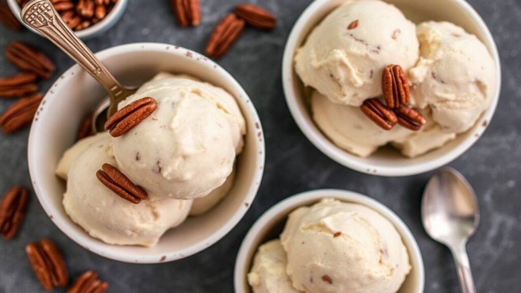 Close-up of vegan butter pecan ice cream with visible pecan pieces