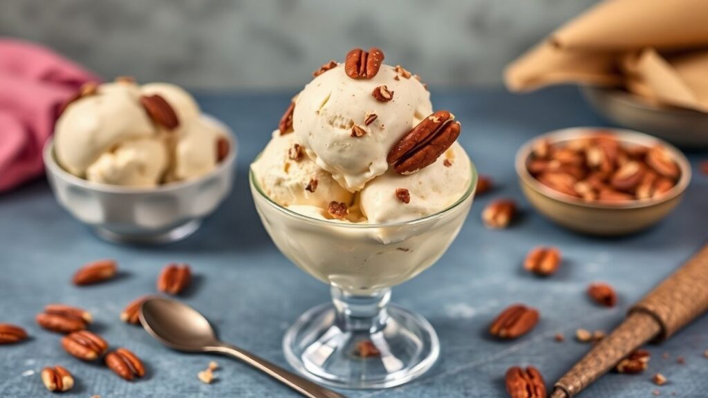 Vegan butter pecan ice cream served as a dessert bowl with toppings
