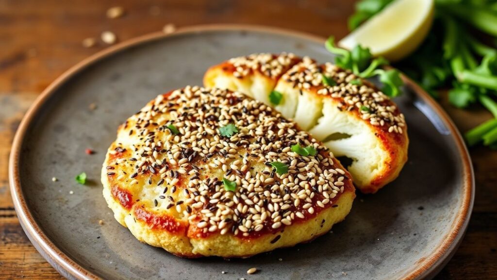 Roasted cauliflower steaks with everything bagel seasoning crust