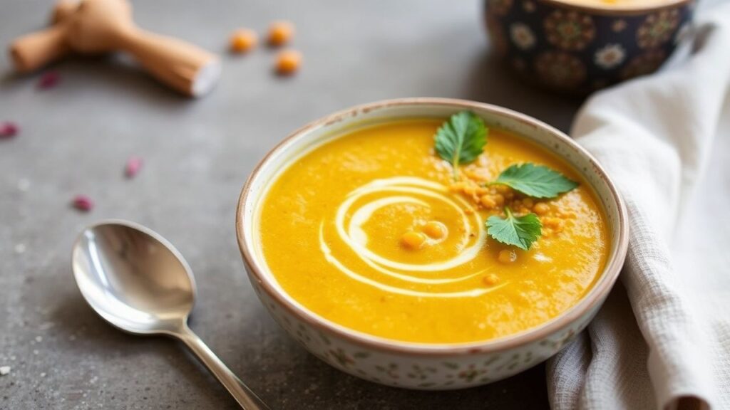 A bowl of Golden Turmeric Lentil Soup topped with herbs and a lemon wedge.