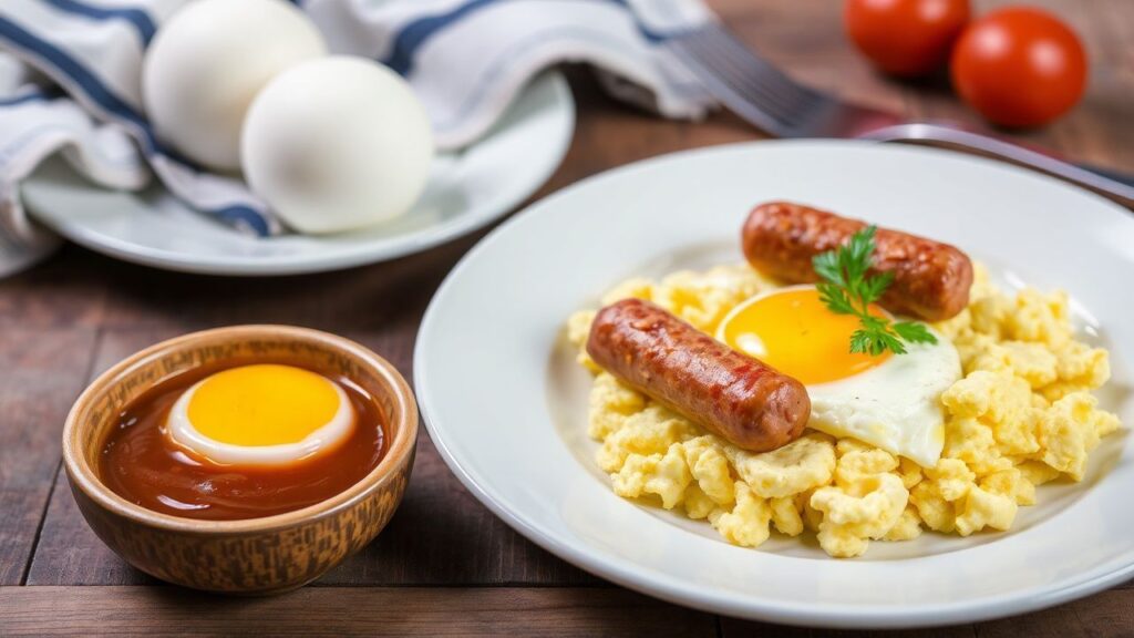 Fluffy scrambled eggs with sausage, breakfast-for-dinner idea