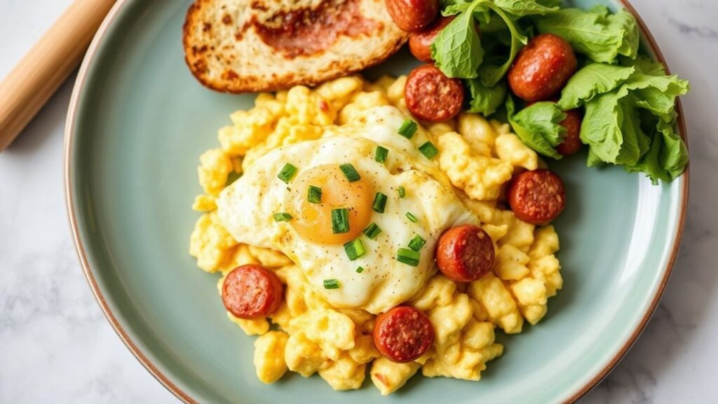 Breakfast-for-dinner scrambled eggs and sausage presentation