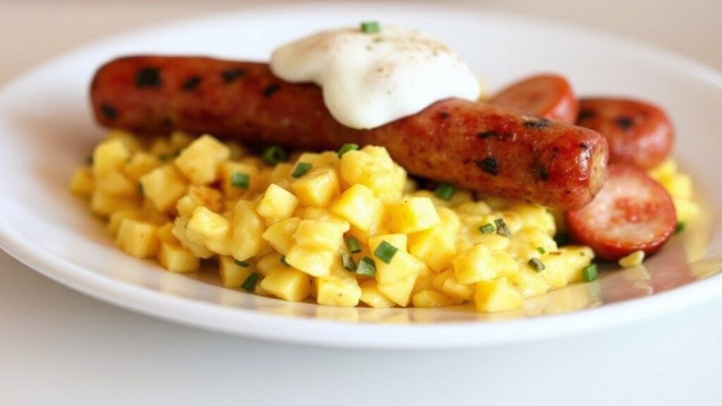 Fluffy scrambled eggs and sausage, cozy dinner plate