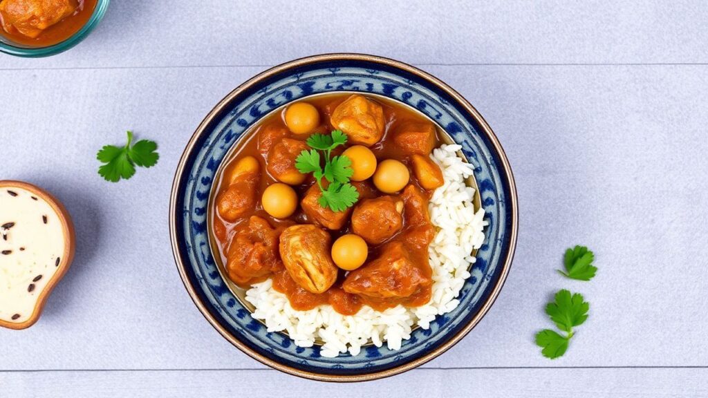 West African peanut stew with tender chicken in a warm bowl