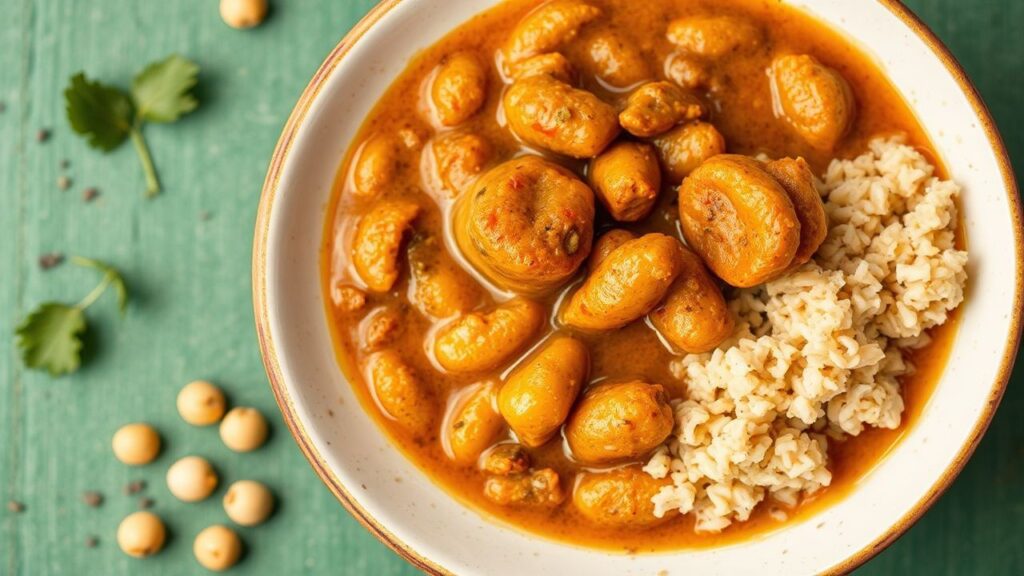 West African peanut stew with tender chicken close up
