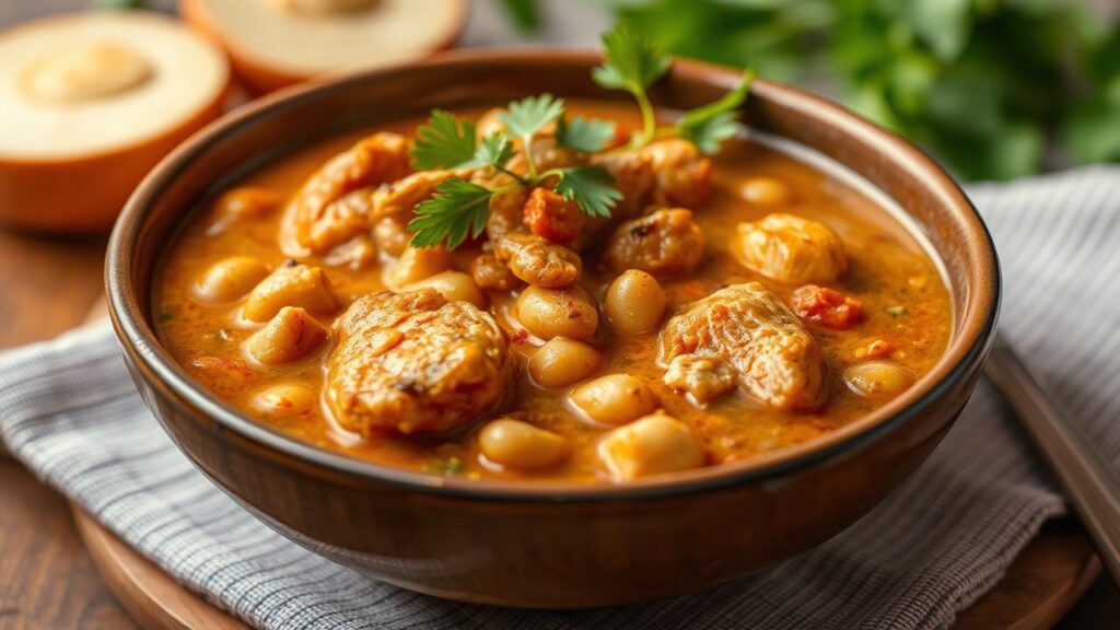 A serving of West African peanut stew with chicken and lime garnish