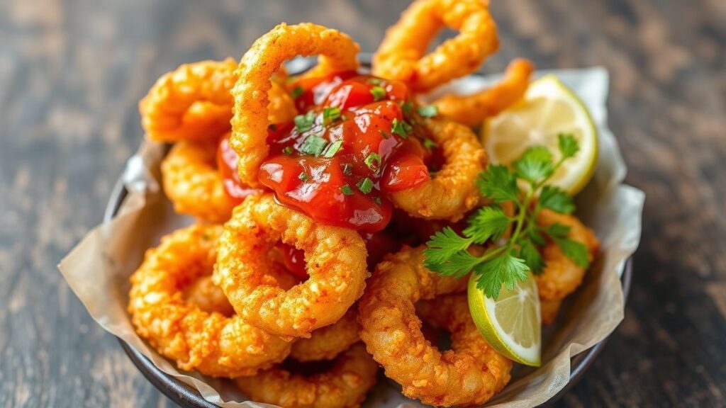 Golden crispy fried calamari with zesty spicy marinara, ready for dipping