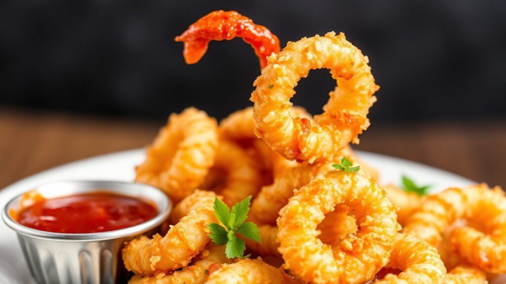 Crispy fried calamari rings served with spicy marinara for dipping