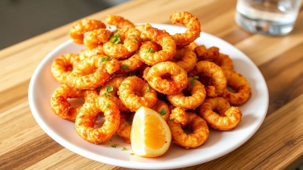 Crispy fried calamari with zesty spicy marinara served with lemon wedges
