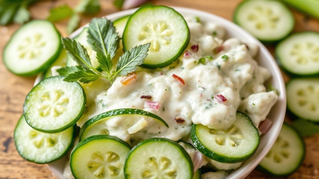 سلطة كريمية خيار وبصل منعشة وبسيطة، تجمع النكهات لتقديم روعة لا تُنسى في عالم السلطات