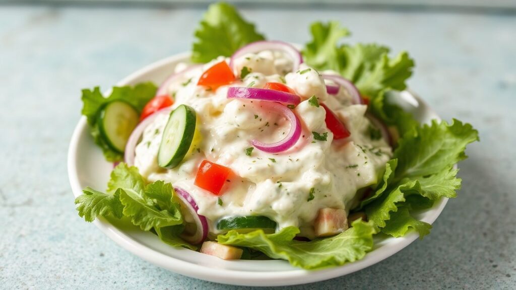 سلطة كريمية خيار وبصل منعشة وبسيطة، تجمع النكهات لتقديم روعة لا تُنسى في عالم السلطات