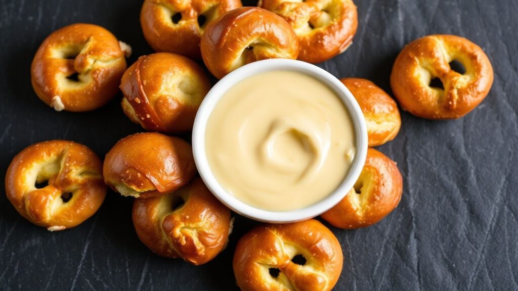 Soft pretzel bites with creamy cheese dip ready to serve.