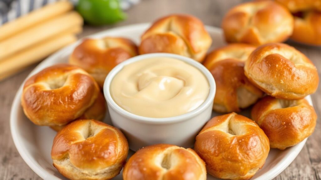 Warm soft pretzel bites with creamy cheese dip for dunking.