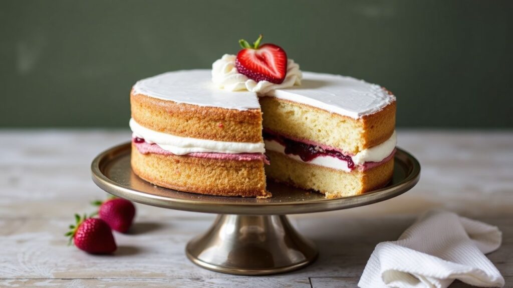 Classic Victoria sponge cake with jam and cream