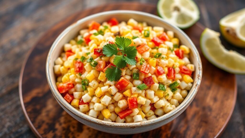 Mexican street corn salad (esquites) in a bowl with lime and chili