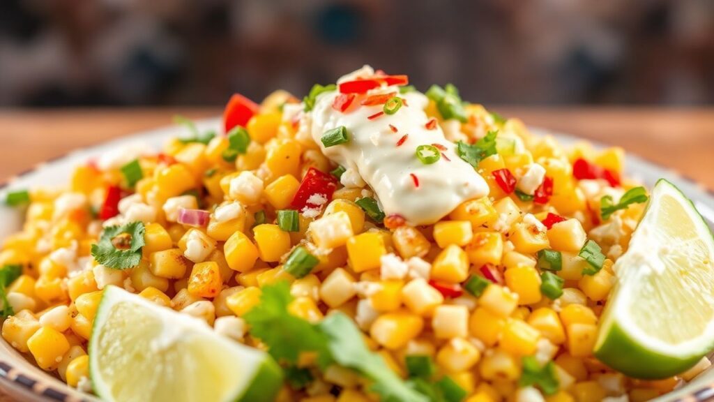 Mexican street corn salad (esquites) garnished with lime and herbs