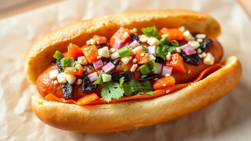 Carrot hot dogs with toppings, no meat, grilled style