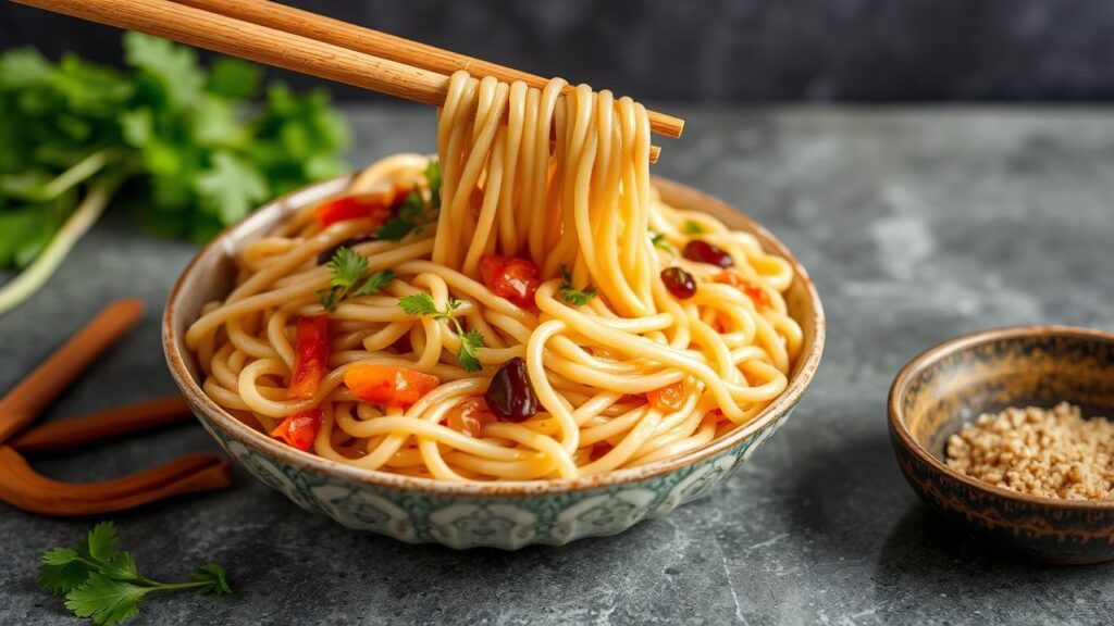 بُهارات دان دان سيتشوانية مع نودلز وصوص فلفلي، طبق جاهز للتقديم.