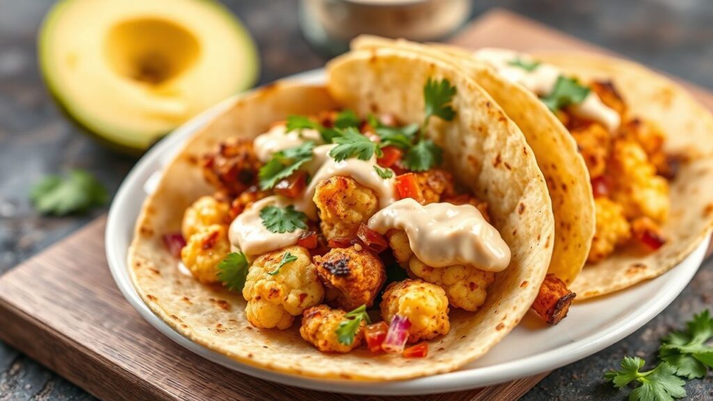Roasted cauliflower tacos with spicy chipotle aioli, bright toppings, and smoky flavor