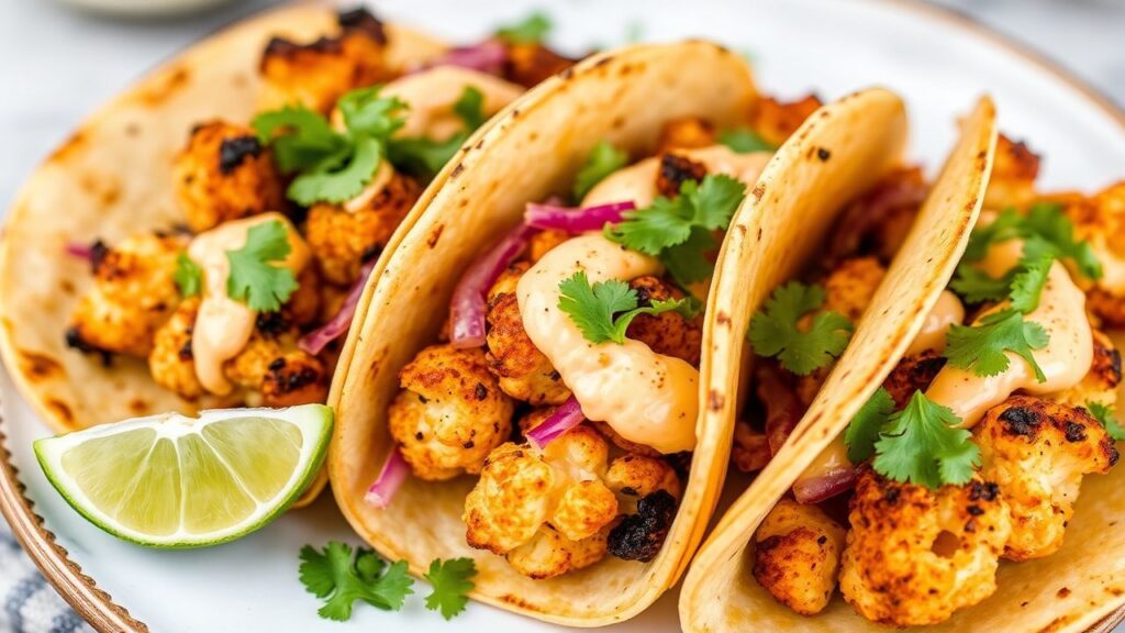 A close-up of roasted cauliflower tacos with spicy chipotle aioli and fresh toppings