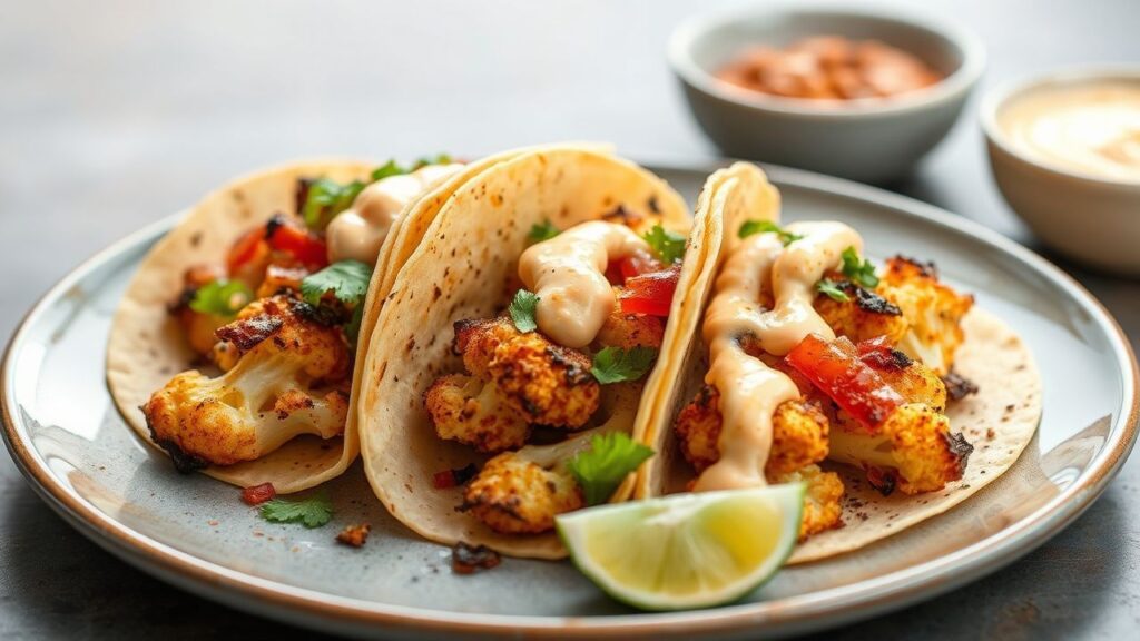 Roasted cauliflower tacos with chipotle aioli ready to serve