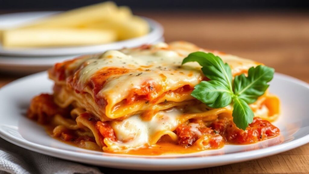 Cheesy ravioli lasagna bake in a casserole dish with golden melted cheese