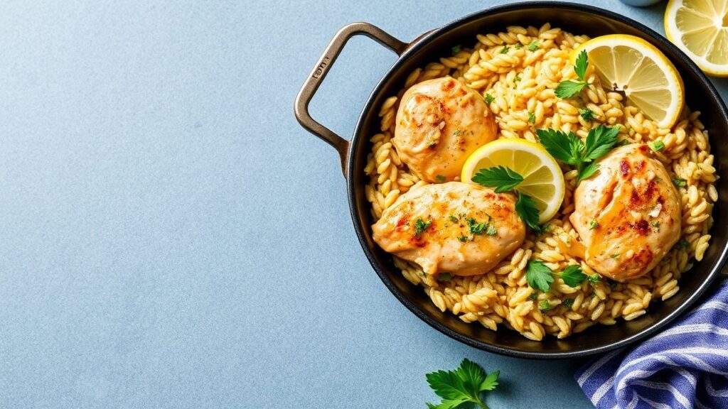 Lemon chicken and orzo skillet in one pan for bright zesty weeknight dinner
