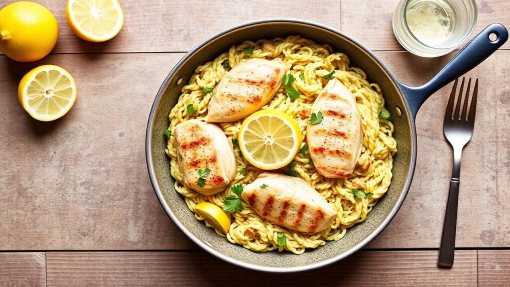 Bright zesty lemon chicken and orzo served with parsley