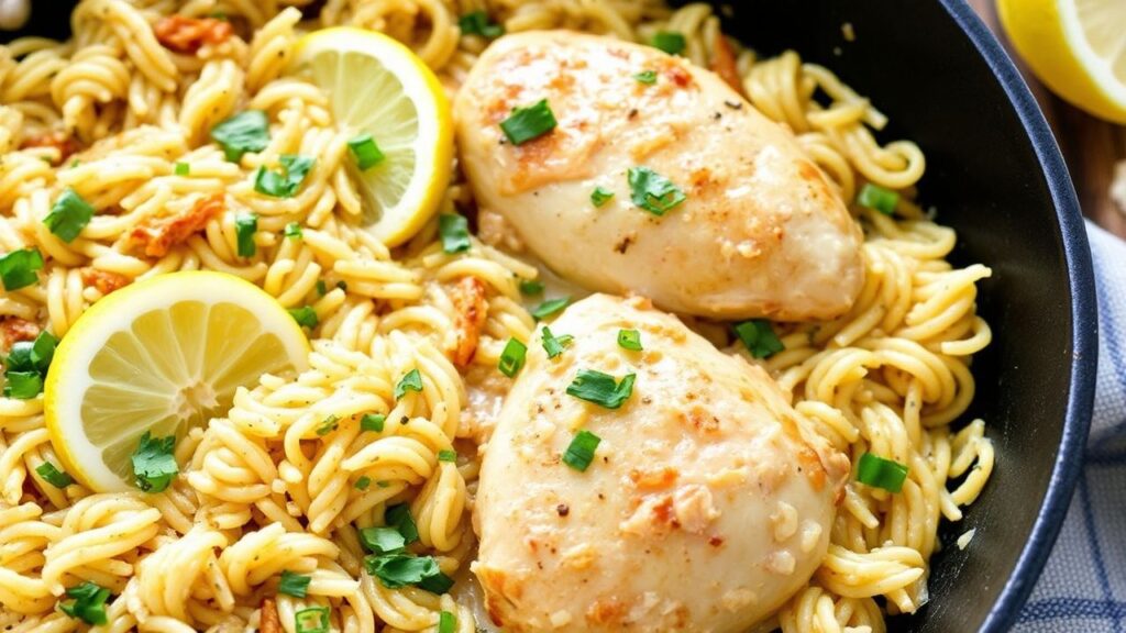 Final plate of lemon chicken and orzo skillet with parsley garnish