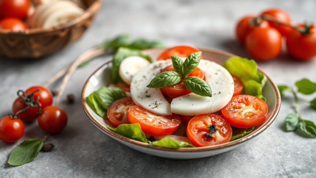Classic Caprese Salad with ripe tomatoes, mozzarella, basil, and a light drizzle of olive oil.