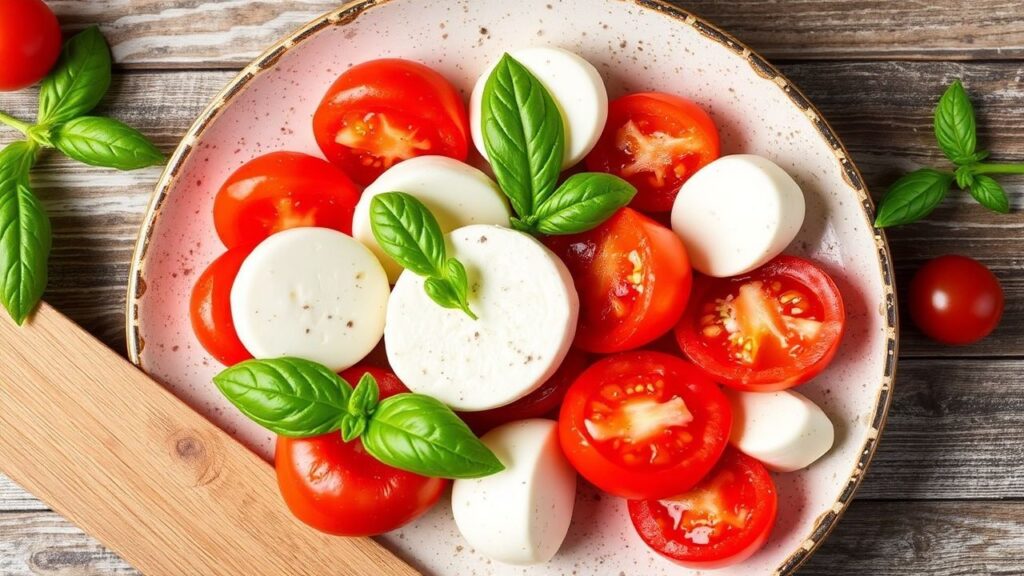Classic Caprese Salad presentation with alternating tomato, mozzarella, and basil slices.