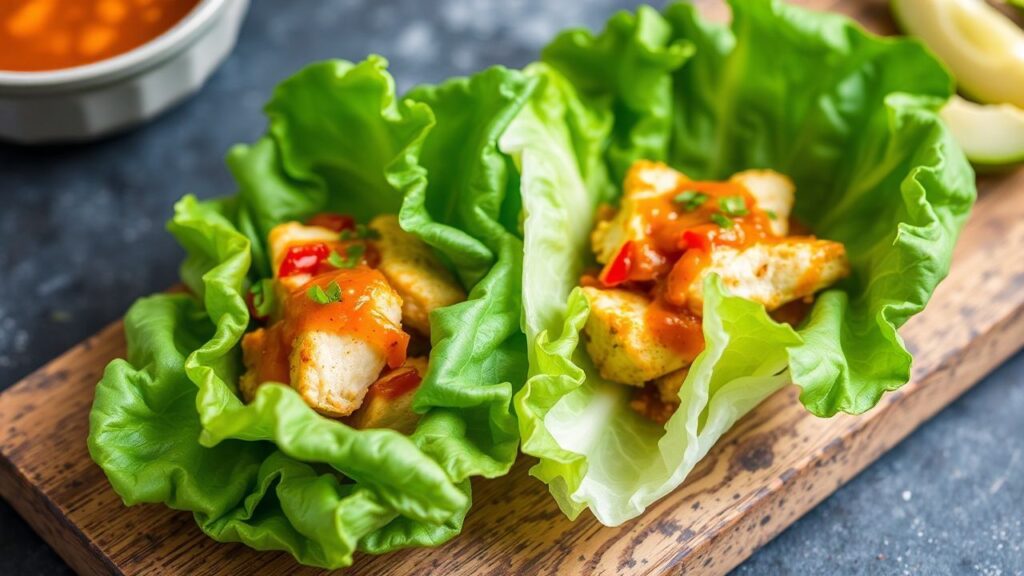 Zesty sweet chili chicken in lettuce cups with fresh vegetables for a quick wrap meal