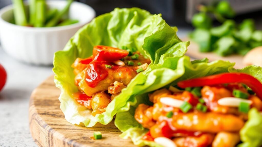 Lettuce wrap platter with zesty sweet chili chicken and toppings